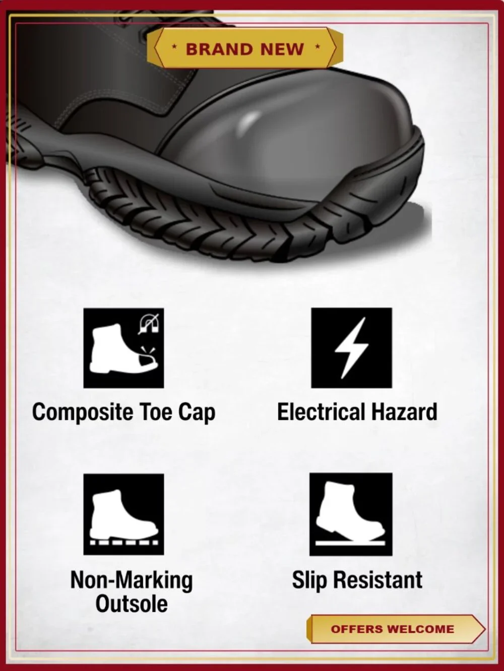 Waterproof Pull-On Composite Toe Work Boots Men's Size 10.5 Slip Resistant